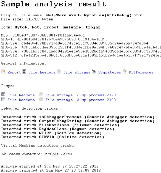 Sample analysis result page